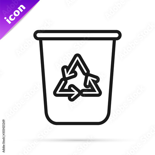 Black line Recycle bin with recycle symbol icon isolated on white background. Trash can icon. Garbage bin sign. Recycle basket sign. Vector Illustration
