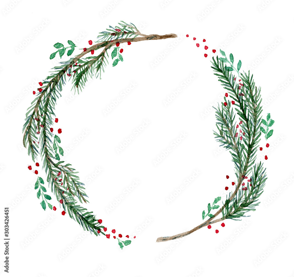 Cute watercolor Christmas wreath with fir twigs, branches and red ...