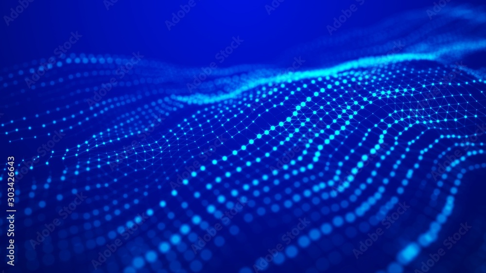 Wave of particles. Futuristic blue dots background with a dynamic wave. Big data. 3d rendering. Wave of particles. Futuristic blue dots background with a dynamic wave. Big data. 3d rendering.