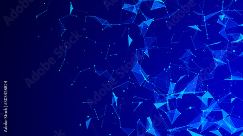 Network connection structure. Big data digital blue background. Science background with connected dots, lines and triangles. 3d rendering.