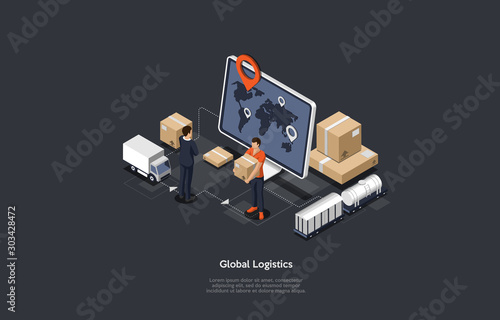 Isometric online global logistics network illustration icons. Set of cargo trucking, rail transportation. photo