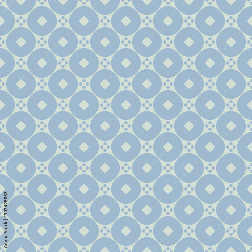 Blue vector geometric seamless patter with flower figures, circular grid, mesh
