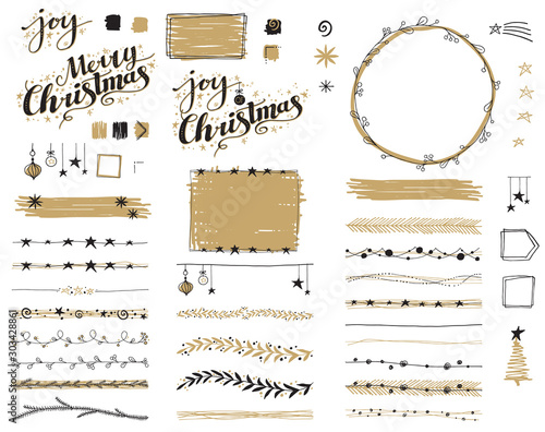 Black and Gold Christmas Journal Doodles Calligraphy Hand Drawn Flat Vector Illustration Design Element Set Isolated on White