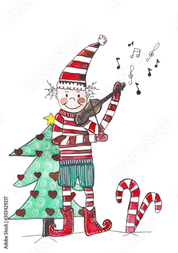 Selbst gezeichneter Charlie Flocke spielt auf der Geige einen Weihnachtssong vor dem Weihnachtsbaum © Calissi