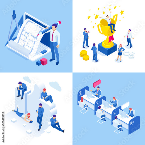 Isometric business concepts. Businessmen and business woman in different situations. Online cooperation, agreement, success, sgoal achievement, financing of projects, online consultation, partnership.