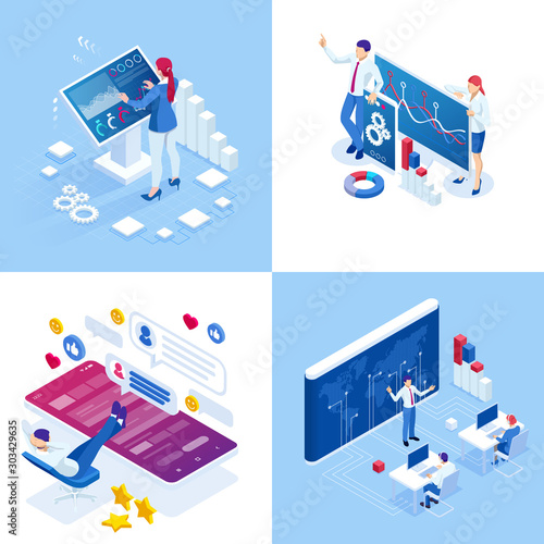 Isometric business concepts. Businessmen and business woman in different situations. Online cooperation, agreement, success, sgoal achievement, financing of projects, online consultation, partnership.