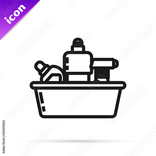 Black line Plastic bottles for liquid laundry detergent, bleach, dishwashing liquid or another cleaning agent icon isolated on white background. Vector Illustration