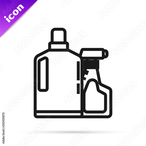 Black line Plastic bottles for liquid laundry detergent, bleach, dishwashing liquid or another cleaning agent icon isolated on white background. Vector Illustration