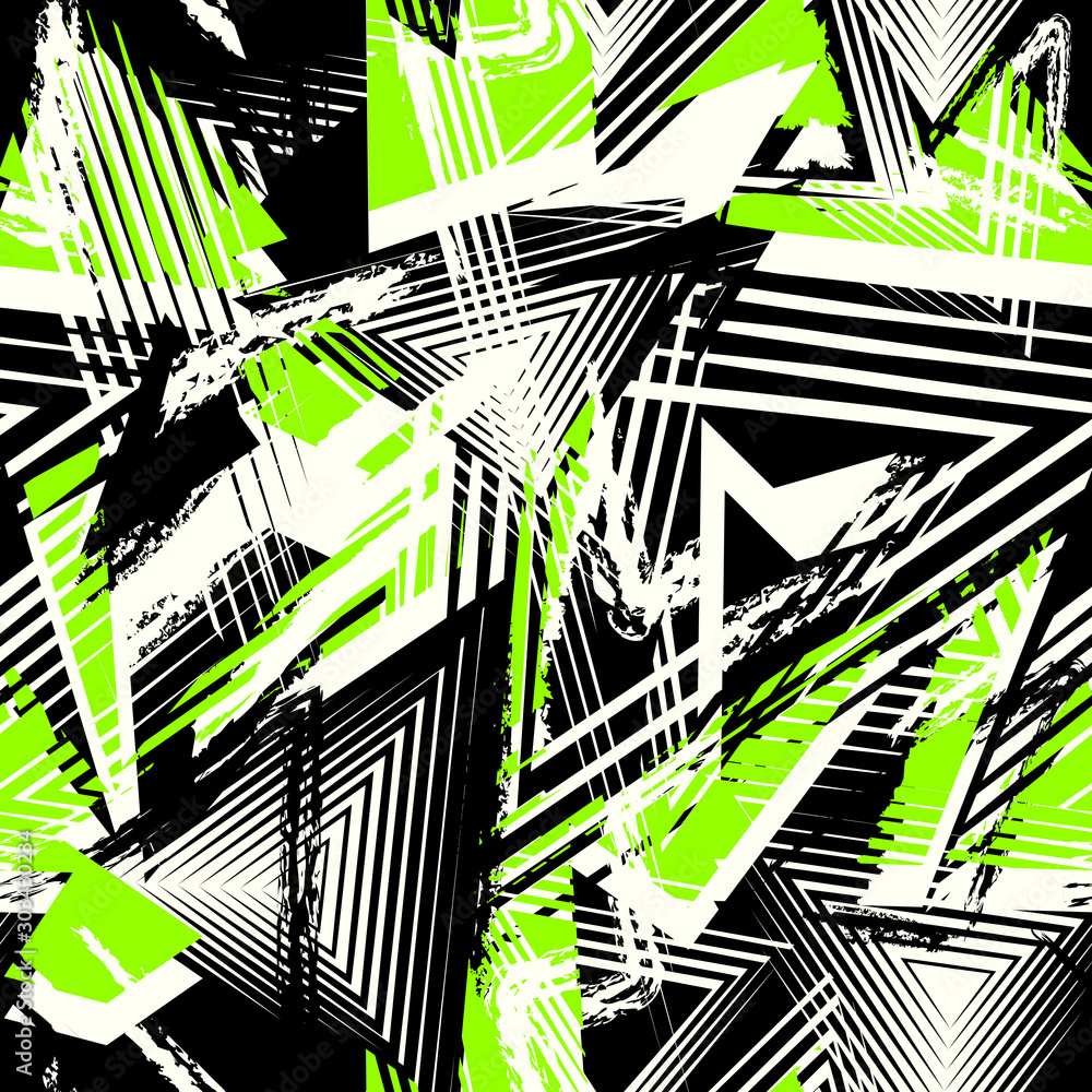Abstract grunge seamless pattern. Urban art texture with neon lines, triangles, chaotic brush strokes. Colorful graffiti style vector background. Trendy design in black, white and bright green color