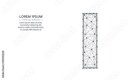 Letter I low poly design, alphabet abstract geometric image, font wireframe mesh polygonal vector illustration made from points and lines on white background