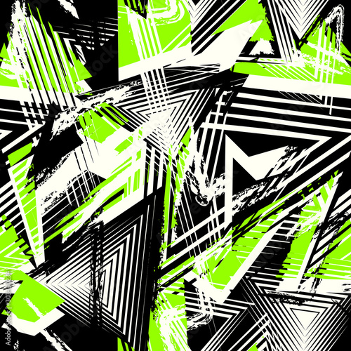 Abstracte grunge naadloze patroon. Stedelijke kunsttextuur met neonlijnen, driehoeken, chaotische penseelstreken. Kleurrijke graffiti stijl vector achtergrond. Trendy design in zwart, wit en felgroene kleur