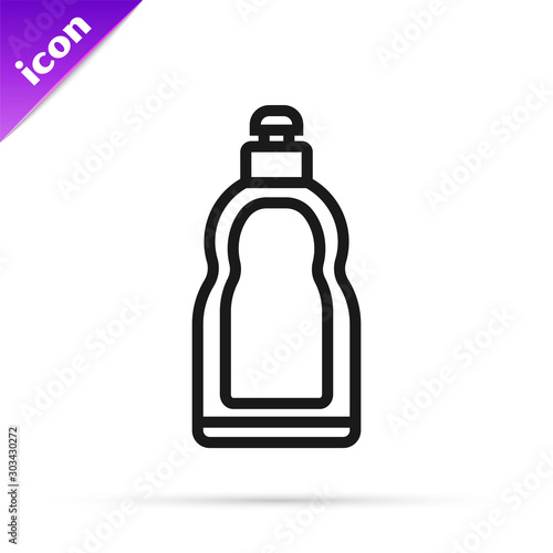 Black line Plastic bottle for liquid laundry detergent, bleach, dishwashing liquid or another cleaning agent icon isolated on white background. Vector Illustration
