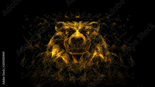 Closeup bear face. Front view of brown bear isolated on black background. Low poly wireframe vector illustration. Abstract wild animals concept. 