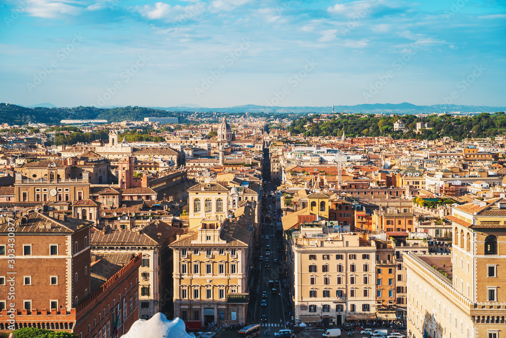 Panorama of Rome historic center from Vittorio Emanuele II roof.