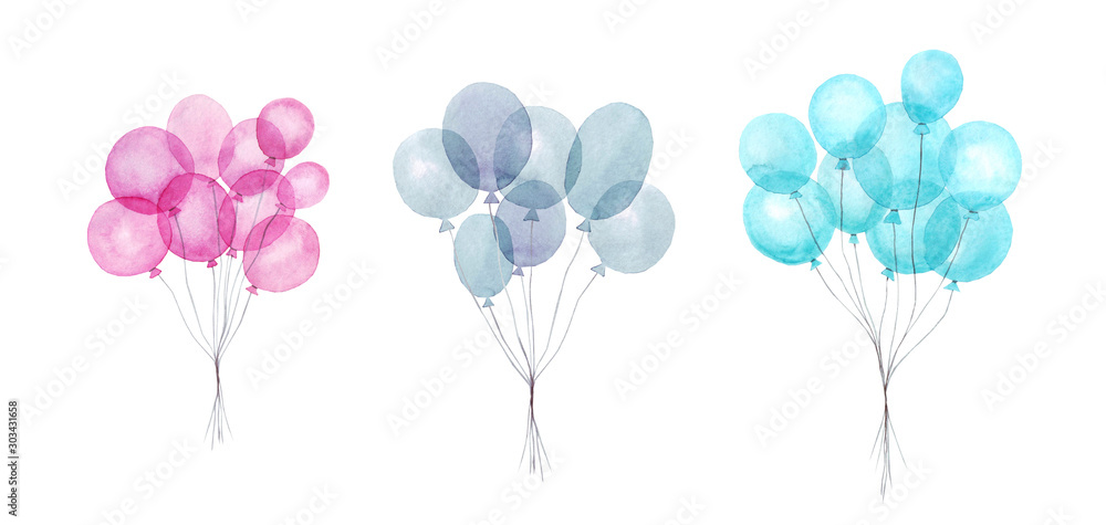 Set of colorful air balloons inflatable, watercolor illustration. Hand painted pack of party pink, blue, purple balloons isolated on white background. Greeting decor.