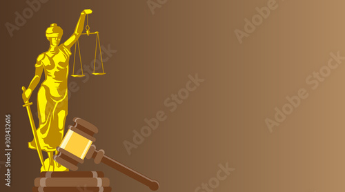 Business card for a lawyer or a judicial officer. Statue of justice with judge gavel on brown background