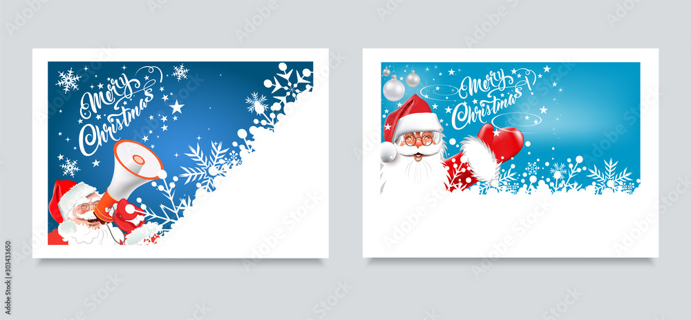 Christmas cards. Santa Claus with a megaphone and Happy Santa on Blue background. Two templates for design: New Year's pictures, banners, posters. Vector graphics