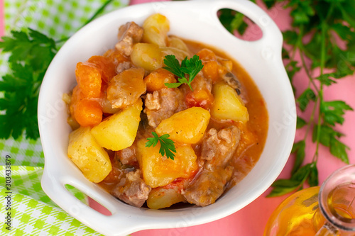 Vegetable stew with pork meat, pumpkin and potatoes