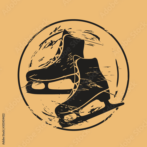 Skates for figure skating icon vector round shabby emblem design, old retro style. Figure skating logo mail stamp isolated on craft paper. Vintage grunge sign. Winter sport round seal imitation.