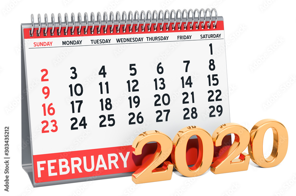 February 2020 Desk Calendar, 3D rendering