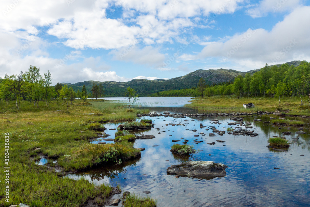 Old and weathered wooden boat wreck  laying on the ground in beautiful norwegian landscape with mountains in the background. Rustic and weathered concept.