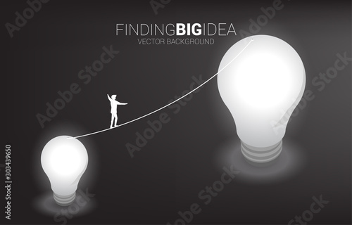 Silhouette of businessman walking on rope walk from small bulb to big one.Concept for business risk for finding big idea and design thinking