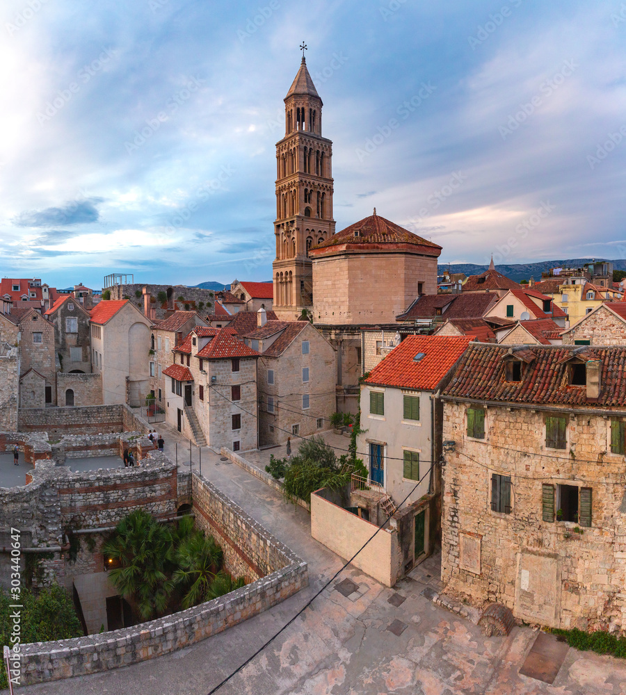 Aerial view of Saint Domnius Cathedral in Diocletian Palace in Old Town of Split, the second largest city of Croatia in the morning