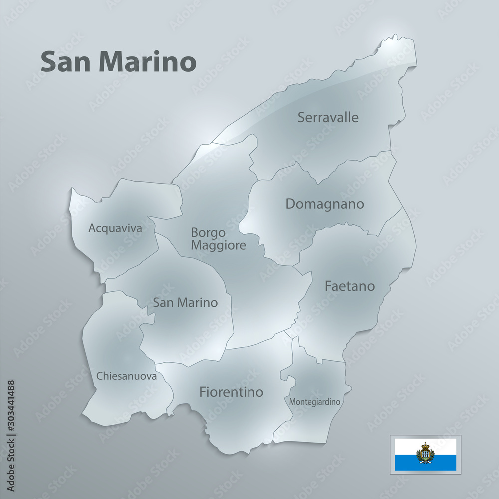 San Marino map separates regions and names individual regions, design glass card 3D vector
