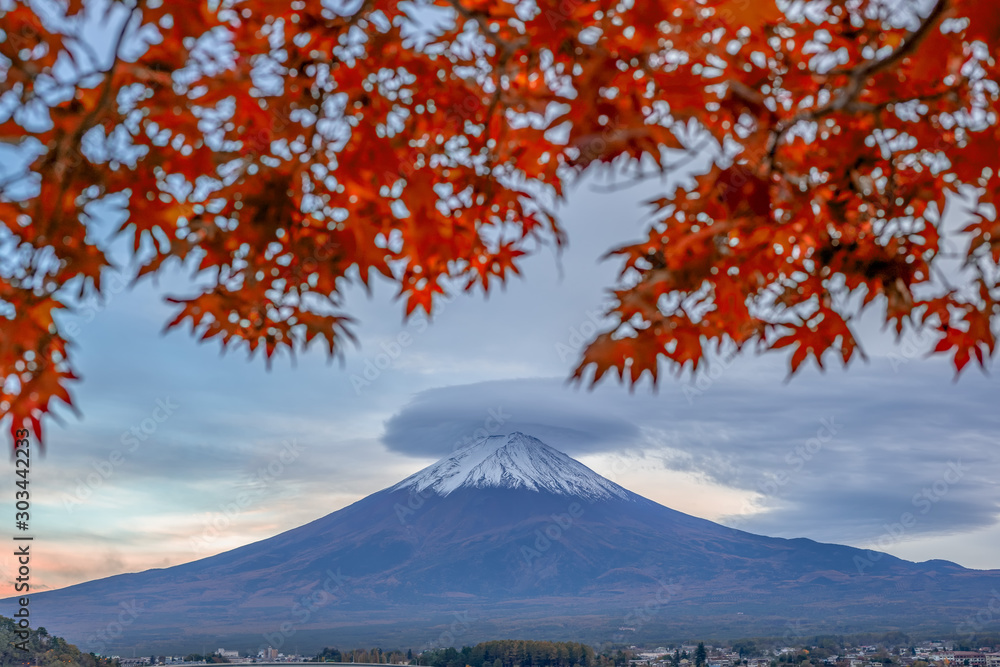 Maple Reefs and Mount Fuji from Kawaguchiko Lake in Autumn