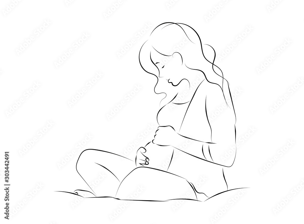 Fototapeta Cute pregnant woman. Vector illustration of woman waiting for a baby. Happy mom expecting baby. Pregnancy.