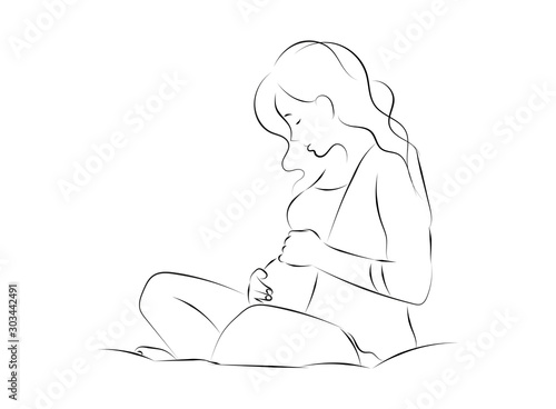 Cute pregnant woman. Vector illustration of woman waiting for a baby. Happy mom expecting baby. Pregnancy.