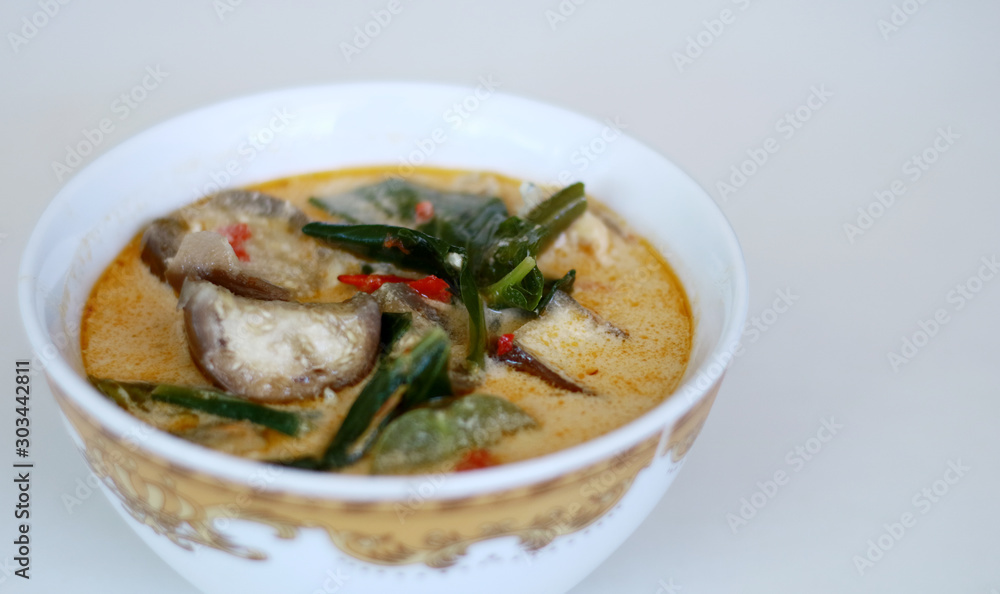 Sayur lodeh or curried vegetables on white background. Traditional Indonesian dish consisting of cabbage, long beans and eggplant. Sayur lodeh or curried vegetables on white background. Traditional Indonesian dish consisting of cabbage, long beans and eggplant.