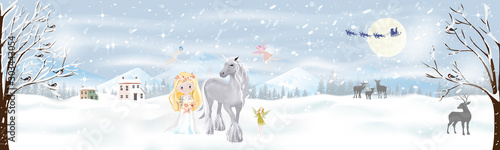 Fantasy landscape winter wonderland with Cute princess and unicorn in magic forest with little fairies flying with Santa Claus sleigh reindeers flying over full moon in Christmas night