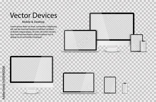 Devices in realistic trendy design on transparent background. Set of computer laptop tablet and smartphone with empty screens. Mock up. Blank screen isolated.