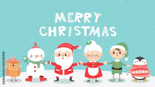 Greeting card with Christmas cute personages. Santa clause and Mrs. Clause and their friends. Snowman, elf, ow and penguin. Happy holiday. Vector illustration