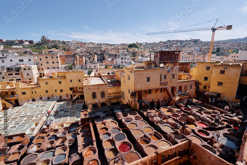 Tanneries of Fes, Morocco, Africa Old tanks of the Fez's tanneries with color paint for leather, Morocco, Africa. The 21st of October 2018.