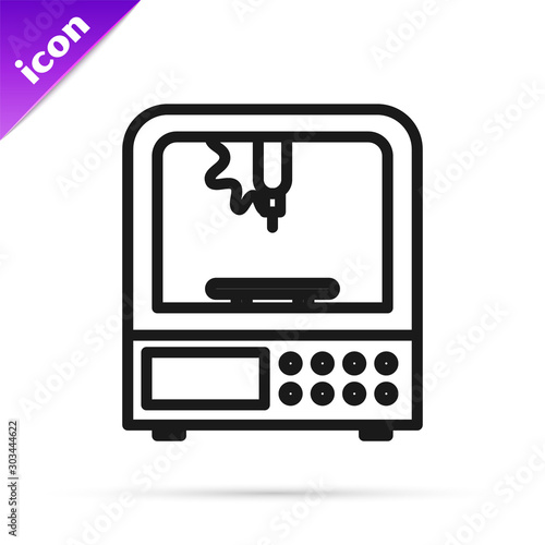 Black line 3D printer icon isolated on white background. Vector Illustration