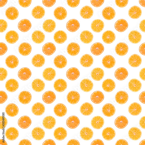 Composition with shelled Mandarin. Seamless pattern on white background. Contemporary art collage. Pop art collage. Modern art Concept food, tangerines, holiday, Christmas and new year, packaging
