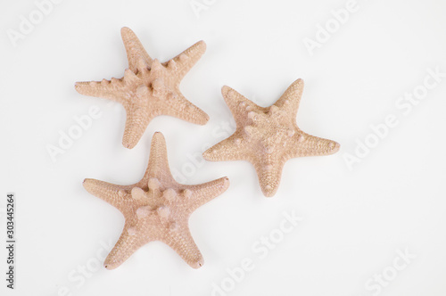 Three peach sand colored starfish isolated