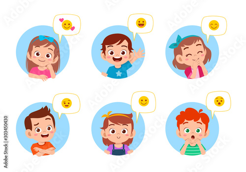cute kid boy girl face expression set