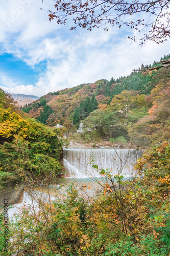 Waterfall at Tsuchiyu Onsen in beautiful autumn  fallen leaves  at tohoku  Fukushima  Japan