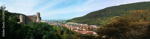View of German City  Heidelberg  with river  old town  bridge  castle. 