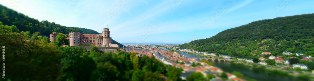 View of German City, Heidelberg, with river, old town, bridge, castle. 