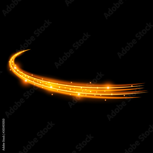 Light effect with curve trail and golden sparkles on black background