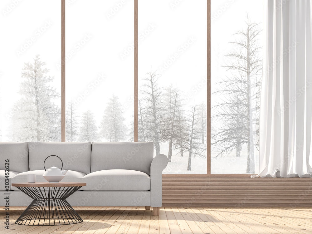 Fototapeta Winter living room 3d render,There are wooden floors decorated with fabric sofa.There are large windows look out to see snow view.