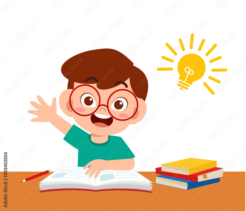 happy cute kid study homework with idea