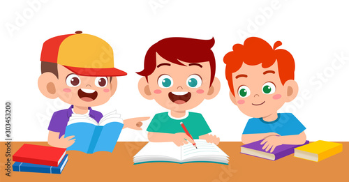 haapy cute kids boy and girl study