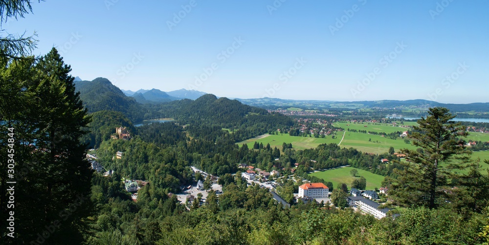 View of Bavaria countryside with rolling mountains and trees. 