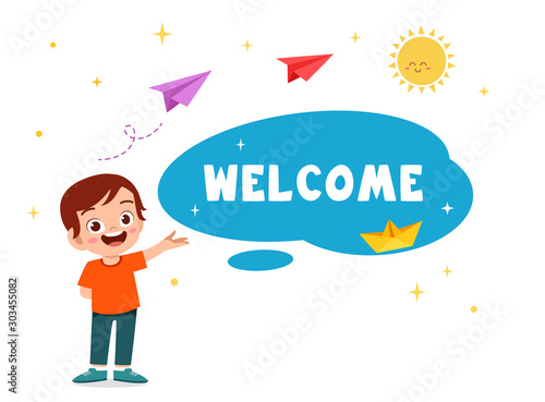 happy cute kid boy greeting card welcome