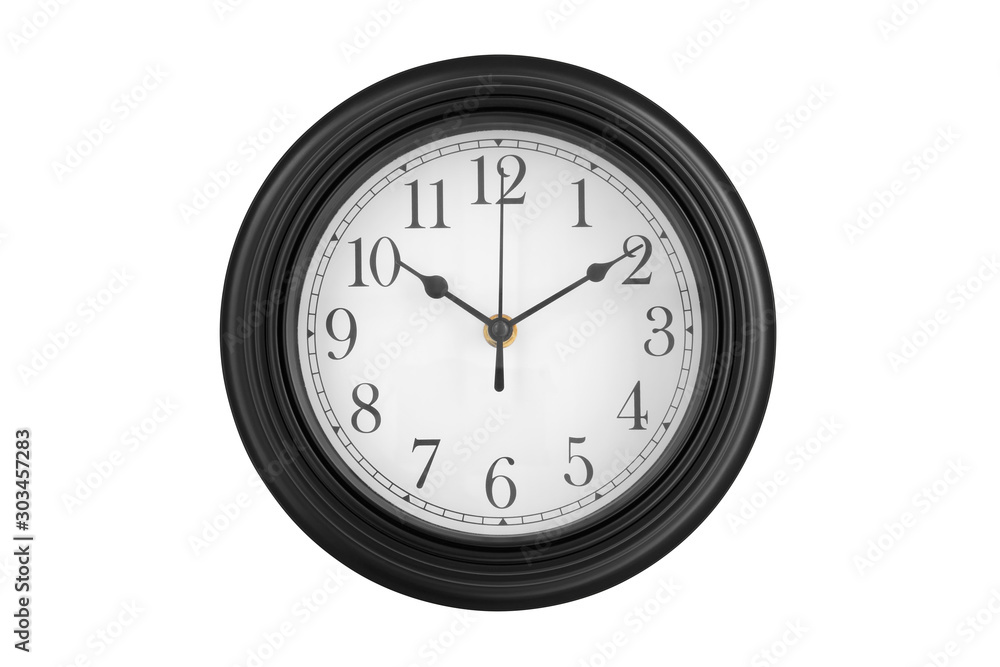 wall round clock black white with number and clockwise on 10 o'clock 10 minutes by short needle pointing ten digit and long needle point number two on white background isolated included clipping path wall round clock black white with number and clockwise on 10 o'clock 10 minutes by short needle pointing ten digit and long needle point number two on white background isolated included clipping path